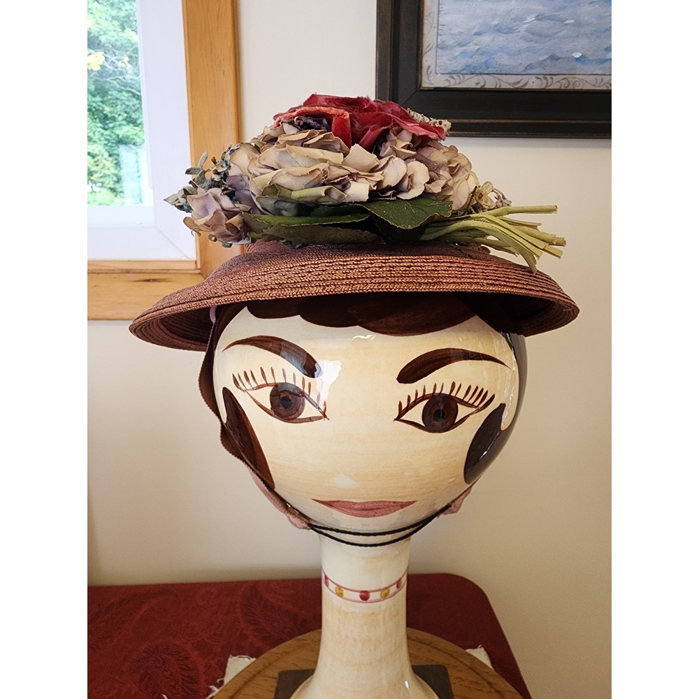 Vintage Beatrice Bittles Gothic Edwardian Riding Floral Straw Hat Millinery